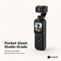 Pockcam pocket gimbal camera, black, front three-quarter view