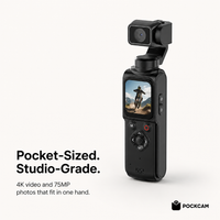 Pockcam pocket gimbal camera, black, front three-quarter view