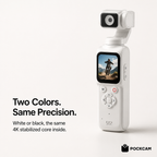 Pockcam pocket gimbal camera, white, front three-quarter view