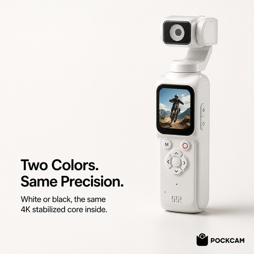 Pockcam pocket gimbal camera, white, front three-quarter view