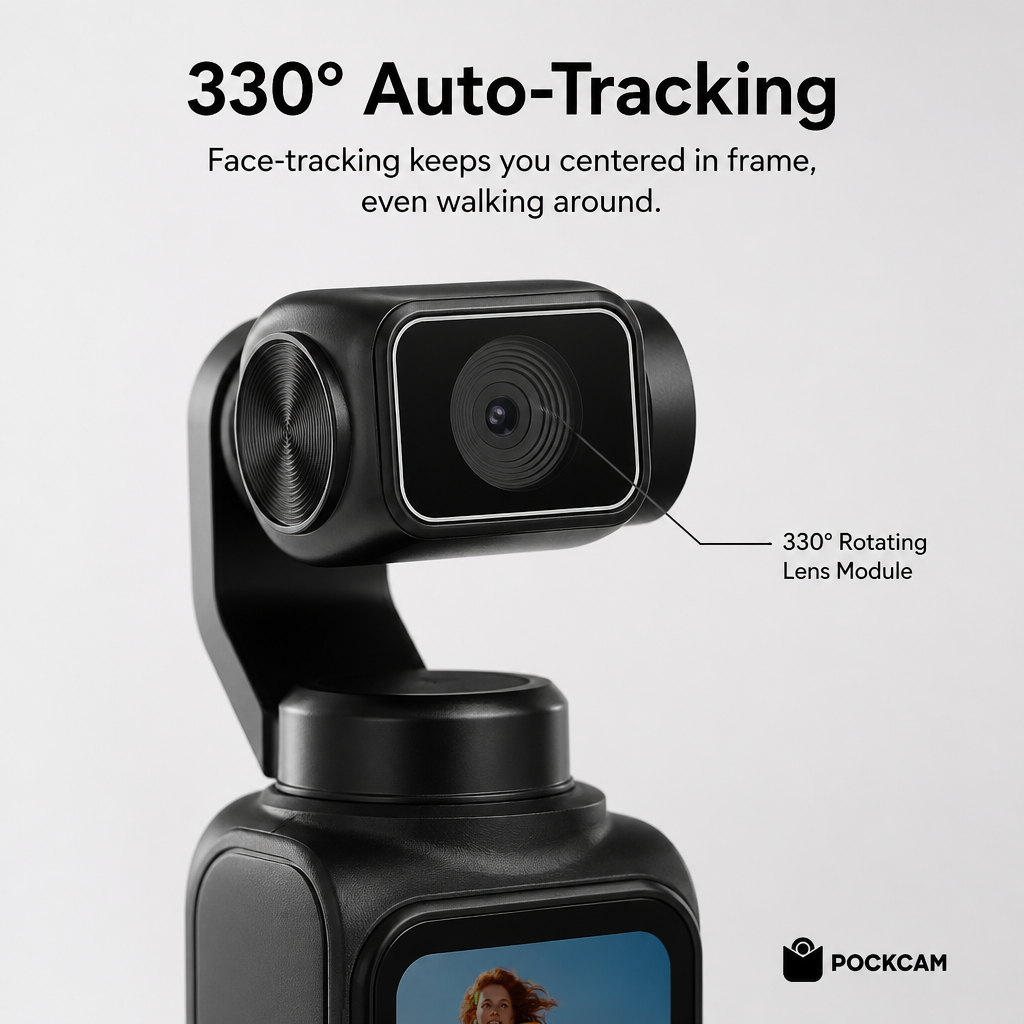 Pockcam 330 degree auto-tracking rotating lens module close-up