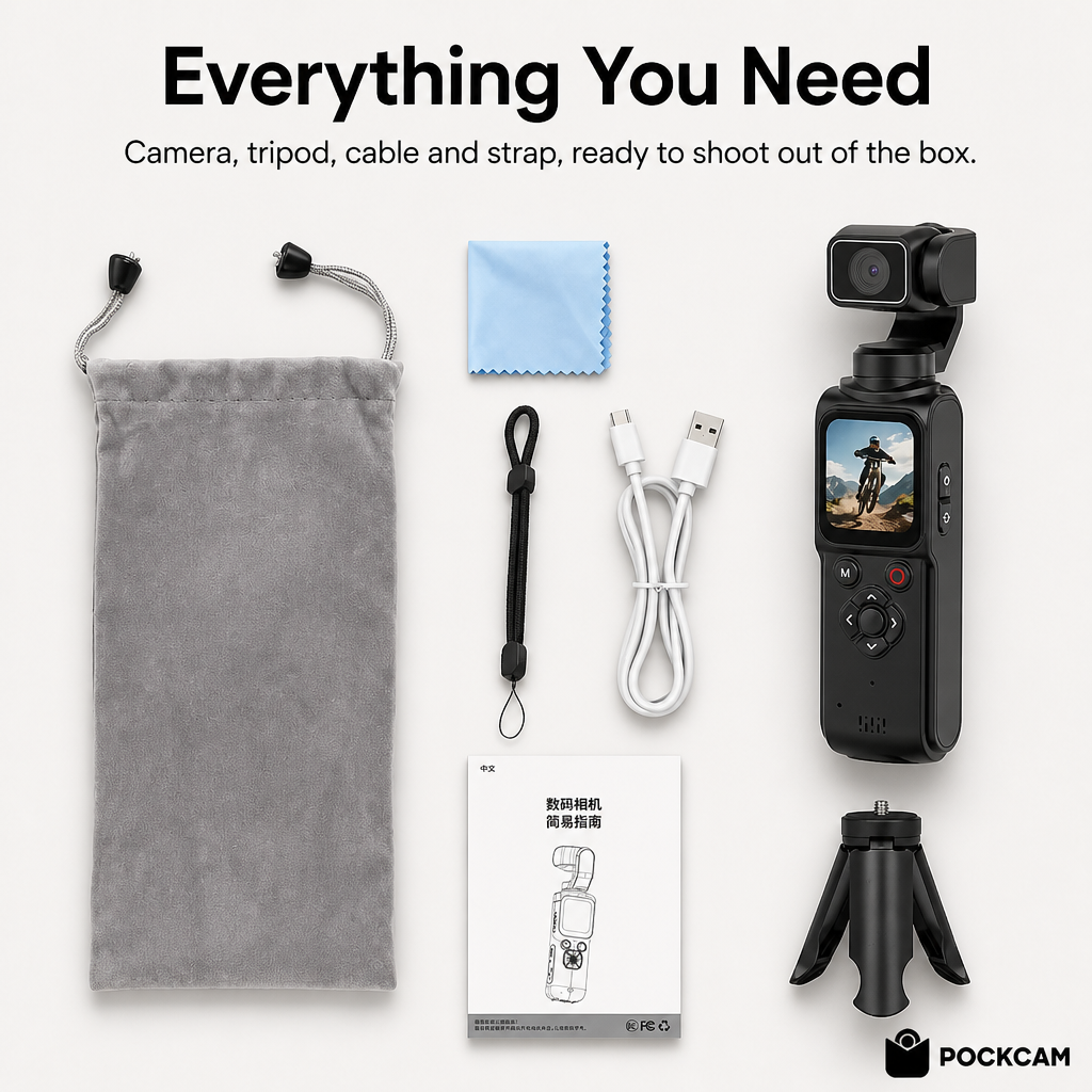 Pockcam full accessory kit: camera, tripod, cable, strap, pouch